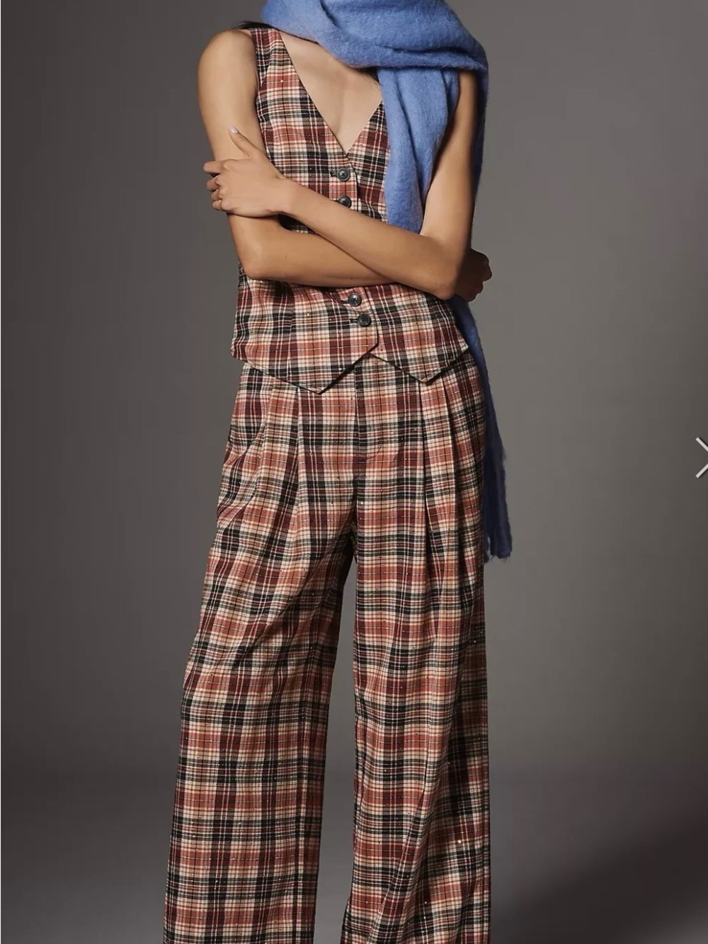 Anthropologie Maeve Sparkle Plaid Wide-Leg Pants in Rust and Cream